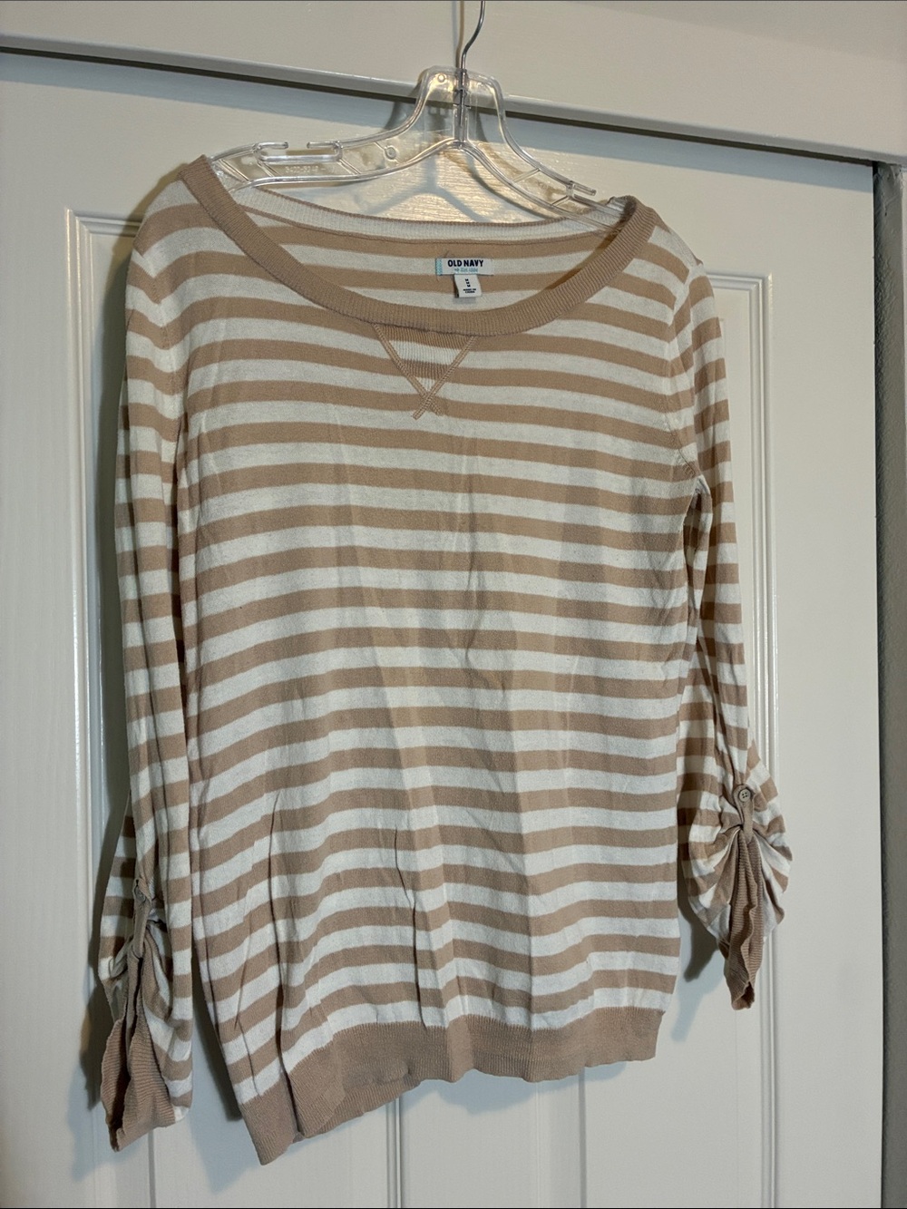 Old Navy Beige and White Striped Boatneck Pullover with Tie Sleeves